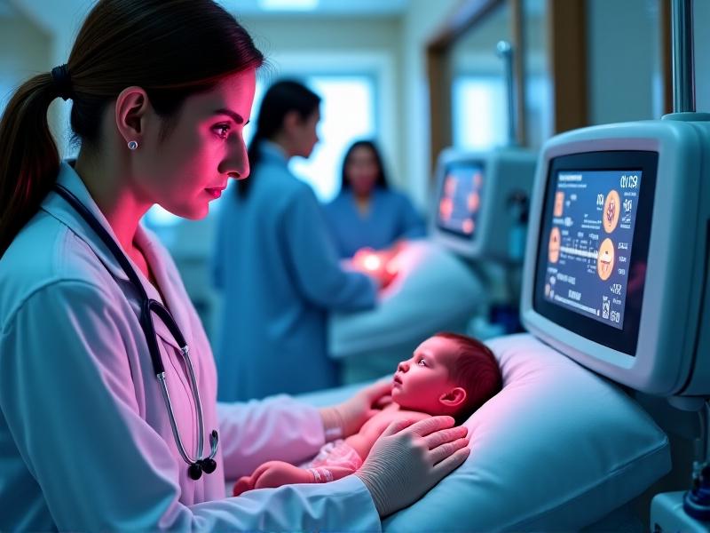 A neonatologist adjusting a neonatal ventilator with glowing digital PSI readouts. The scene features soft pink and blue ambient lighting, with close-up details of the ventilator's touchscreen interface and tiny sensors attached to a premature infant’s chest. The image blends clinical precision with emotional gravity.