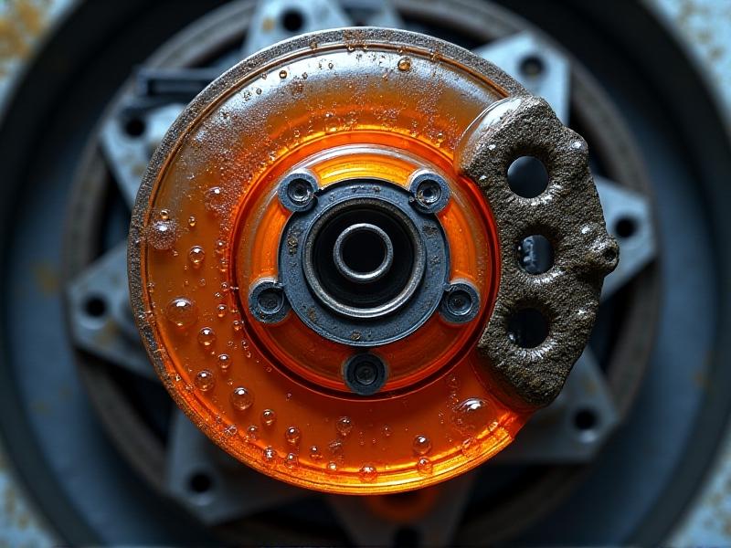 An animated cross-section of a brake caliper showing discolored, degraded brake fluid with air bubbles and moisture droplets. The caliper's metal surfaces exhibit slight corrosion, while heat waves rise from the rotor, symbolizing thermal stress. The style is technical yet accessible, using contrasting red and blue tones.
