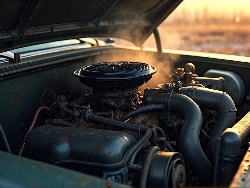 A car engine bay with visible smoke rising from the exhaust manifold. The engine components show signs of wear, with rusted bolts and oil stains. Late afternoon sunlight casts long shadows, highlighting the urgency of addressing overheating or mechanical failure.