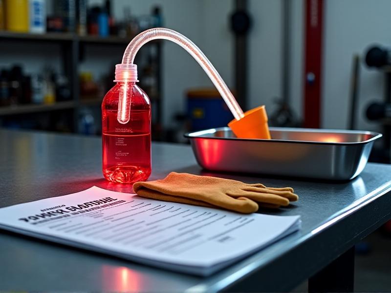 An organized array of tools for a power steering flush: clear tubing, a fluid catch pan, gloves, and a bottle of OEM-approved fluid. The garage workspace is well-lit, with a service manual open in the background, suggesting a methodical DIY approach.