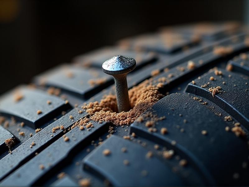 A macro photograph of a car tire tread pierced by a rusty nail. The tire's black rubber contrasts with the metallic silver nail head, surrounded by gravel debris. Focus is on the puncture point, with shallow depth of field blurring the background of a concrete garage floor. Lighting emphasizes texture and corrosion on the nail.