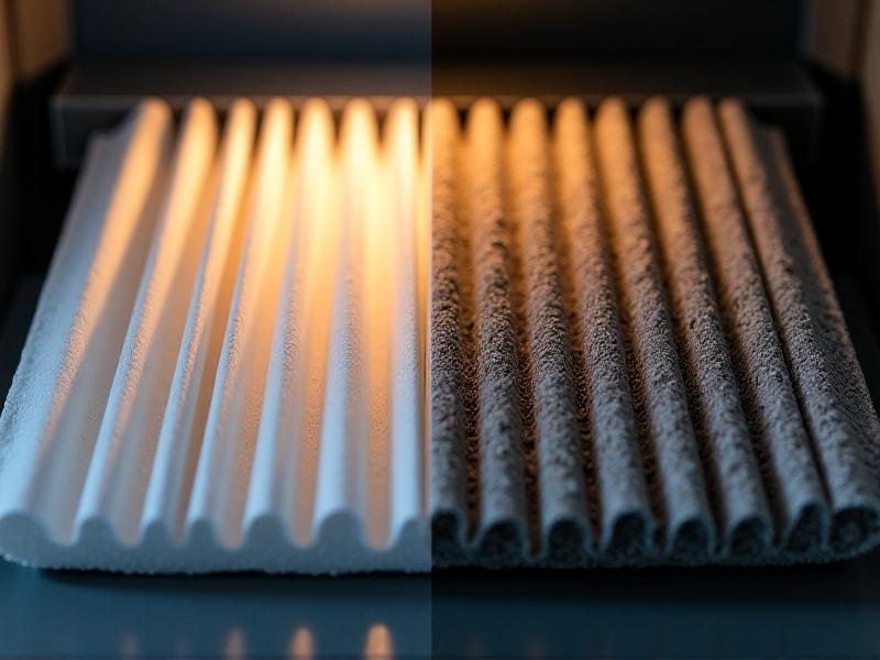 Side-by-side view of a fresh white pleated HVAC filter and a gray, dust-filled filter resting on a furnace duct, with soft ambient light emphasizing particle buildup and fiber structure.