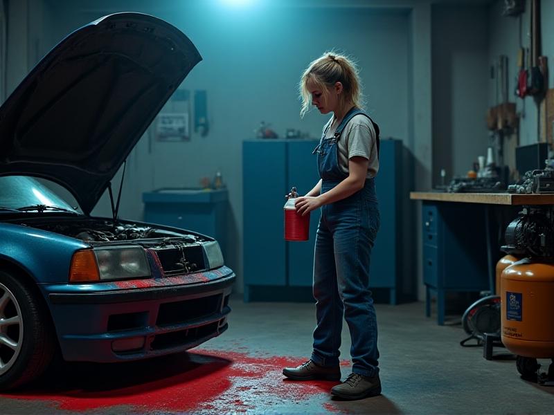 A frustrated mechanic staring at an overfilled power steering reservoir, with red fluid spilling onto the engine. Harsh workshop lighting highlights the mistake, serving as a cautionary visual for proper fluid levels.