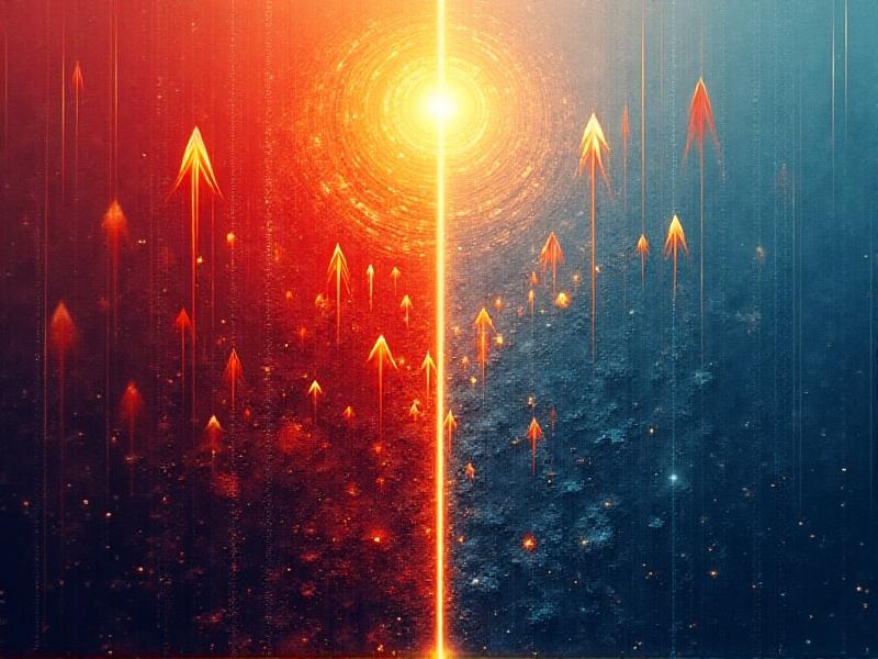 A divided canvas contrasting strategies: left features fiery red arrows piercing ascending tech charts; right shows intersecting blue/gray waves around stable commodities, separated by a glowing golden division line.