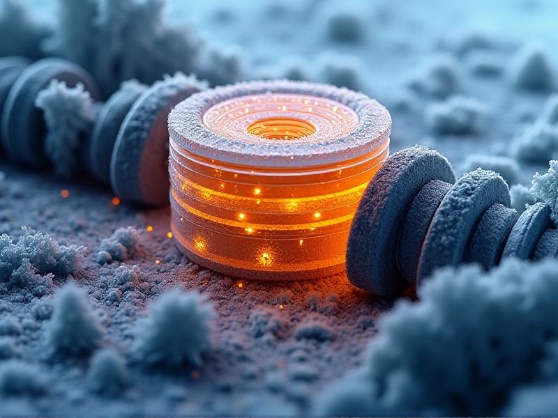 An infographic-style illustration showing synthetic oil molecules (uniform geometric shapes) flowing smoothly through an engine piston at freezing temperatures, while conventional oil molecules (irregular blobs) struggle. Warm orange hues contrast with icy blues, emphasizing thermal resilience.