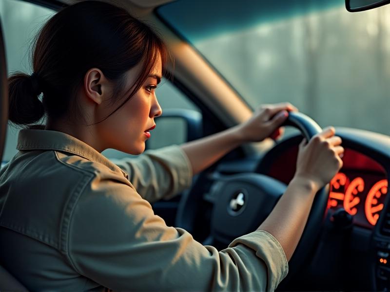 A driver’s hands gripping a steering wheel tightly, face showing strain. The dashboard is partially visible, with muted interior lighting creating a tense mood. This illustrates the physical effort caused by neglected power steering fluid.