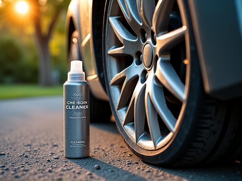 A corroded alloy wheel being treated with a foam applicator, revealing restored silver metal beneath rust spots. A spray bottle labeled ‘non-acidic cleaner’ sits on a driveway, with late afternoon sunlight casting long shadows for a ‘restoration in progress’ mood.