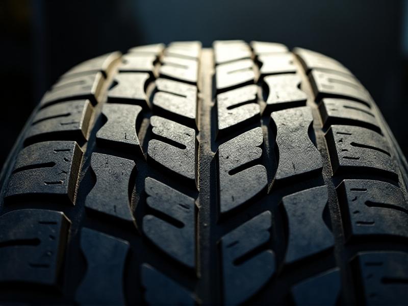 An angled shot of a tire tread with uneven wear patterns, including cupping and scalloping, under bright light to emphasize texture variations and loss of structural integrity.