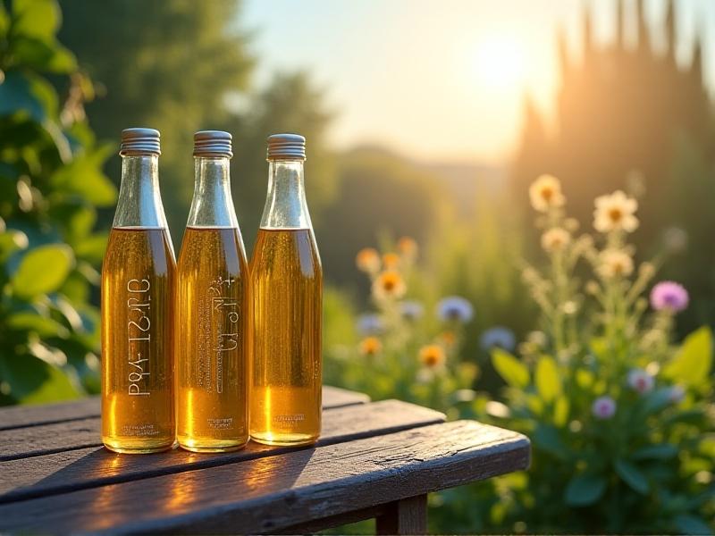 Three synthetic oil bottles with golden labels and a white oil filter with anti-drainback valve, displayed on a wooden bench with a lush garden background, emphasizing eco-conscious product choices.