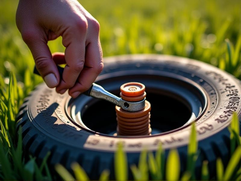 Close-up of a hand inserting a brown rubber plug into a tire puncture using a T-handle insertion tool. The tire rests on grassy terrain with a plug kit’s reamer and cement visible. Sunlight casts sharp shadows, emphasizing the plug’s texture and the tool’s metallic finish. The image conveys urgency and on-the-spot repair.
