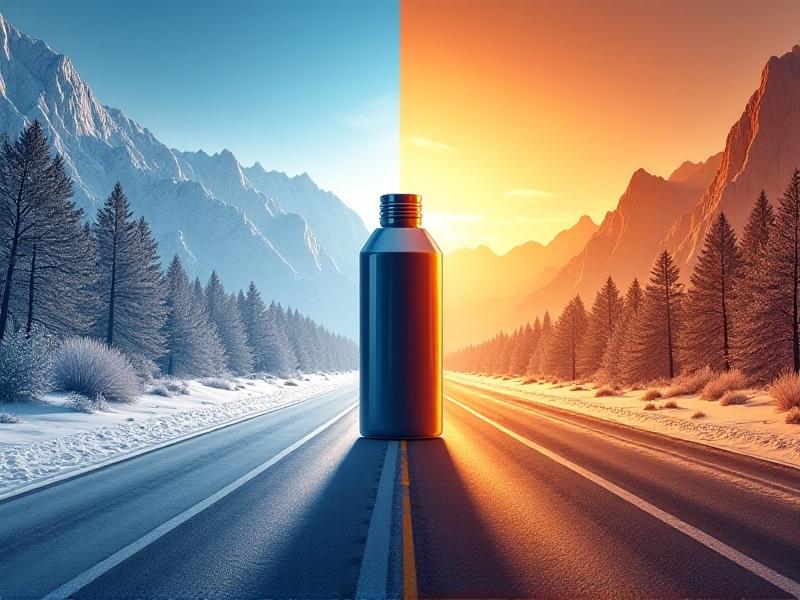 A split-image illustration showing a snow-covered mountain valley on one side and a sun-baked desert highway on the other. A coolant bottle stands centered, with frost and heatwaves radiating outward, symbolizing climate extremes.