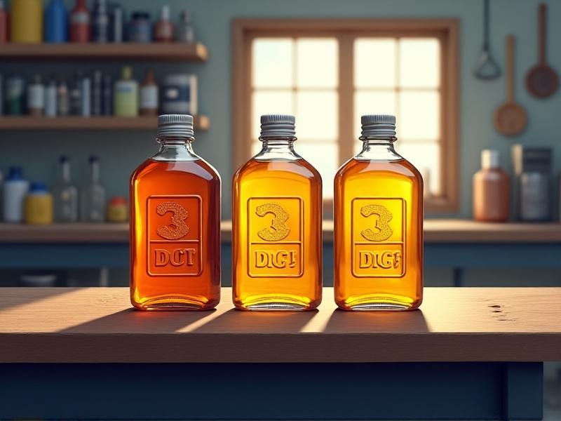 Three labeled bottles of brake fluid arranged side by side on a workbench: DOT 3, DOT 4, and DOT 5.1. Each bottle has a different color fluid—amber, clear, and light yellow—with visible viscosity differences. Soft workshop lighting highlights the liquids' textures and labels, creating an educational visual comparison.
