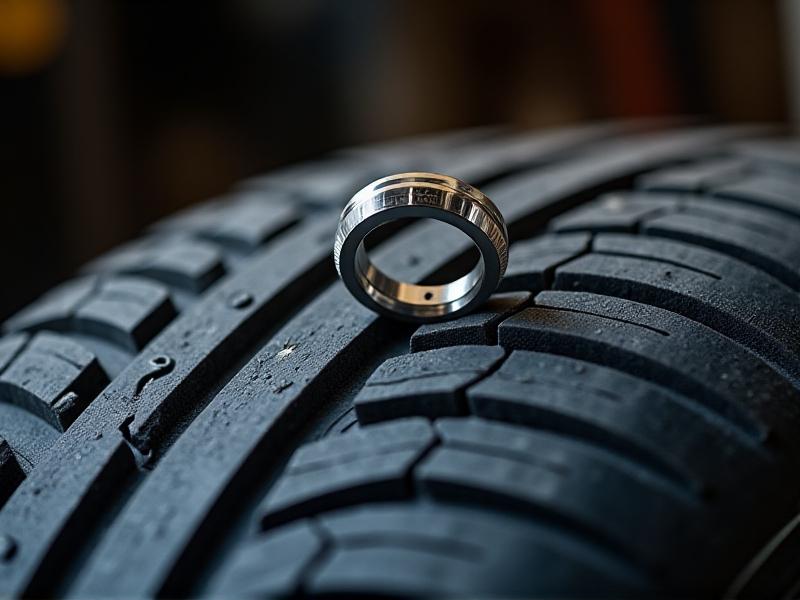 A metal tread depth gauge resting on a tire surface, its needle pointing to 5/32”. The tire’s textured rubber and grooves are in sharp focus, with muted industrial tones conveying practicality. The gauge’s stainless steel finish reflects ambient workshop lighting, symbolizing precision and reliability.