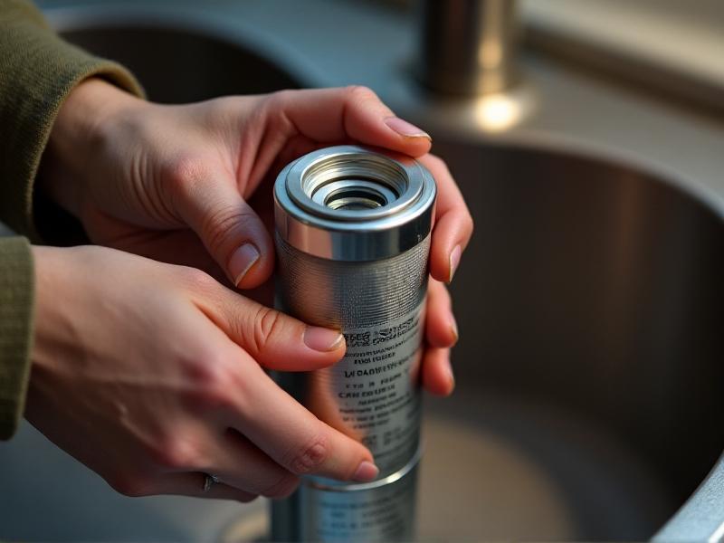 Close-up of hands replacing a cylindrical water filter into a stainless steel housing under a kitchen sink, with droplets glistening on the unit and a soft focus on the brand label.