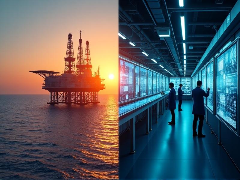 A split image showing conventional oil production (an offshore oil rig at sunset with fiery gas flares) versus synthetic oil production (a high-tech laboratory with engineers monitoring digital screens and chemical reactors). Stark contrast between rugged industrial landscapes and sterile, innovation-driven environments.