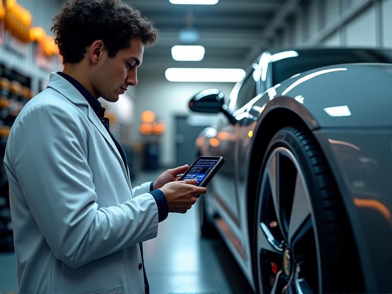 A technician using a handheld TPMS calibration tool near a car tire, with the tool’s screen displaying live pressure data in a well-lit auto garage environment.