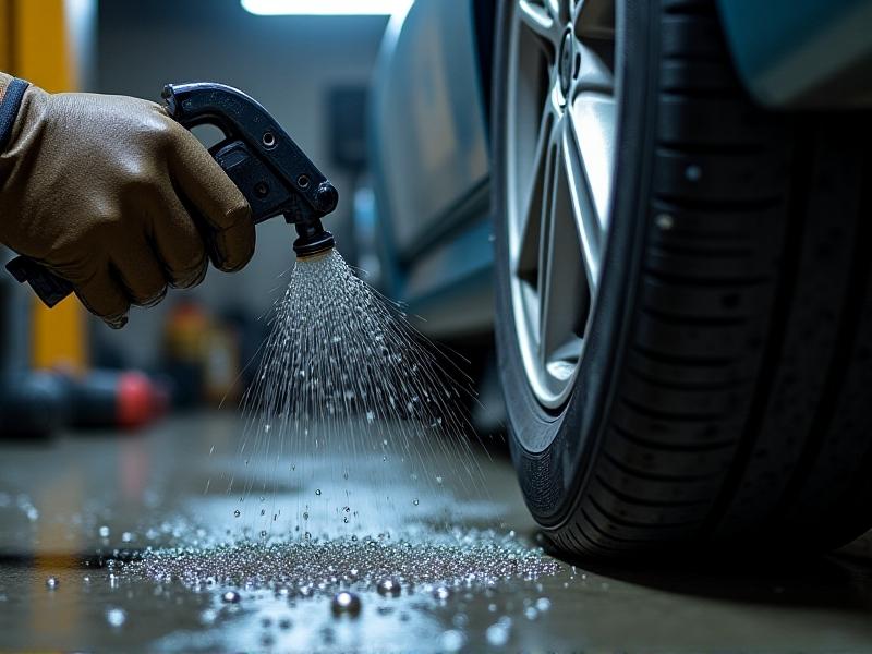 A mechanic’s gloved hand spraying soapy water onto a tire valve stem, with tiny bubbles forming at the base indicating a leak. The scene is lit with workshop fluorescent lights, emphasizing the vibrant bubbles against the black rubber. Tools and a pressure gauge lie nearby in a cluttered, realistic garage environment.