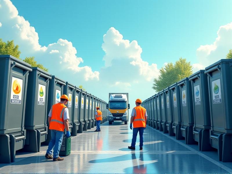 A modern recycling facility with labeled bins for oil, antifreeze, and batteries under a clear blue sky. Workers in orange vests and gloves sort containers, while a truck unloads materials. The scene emphasizes organization and industrial efficiency.