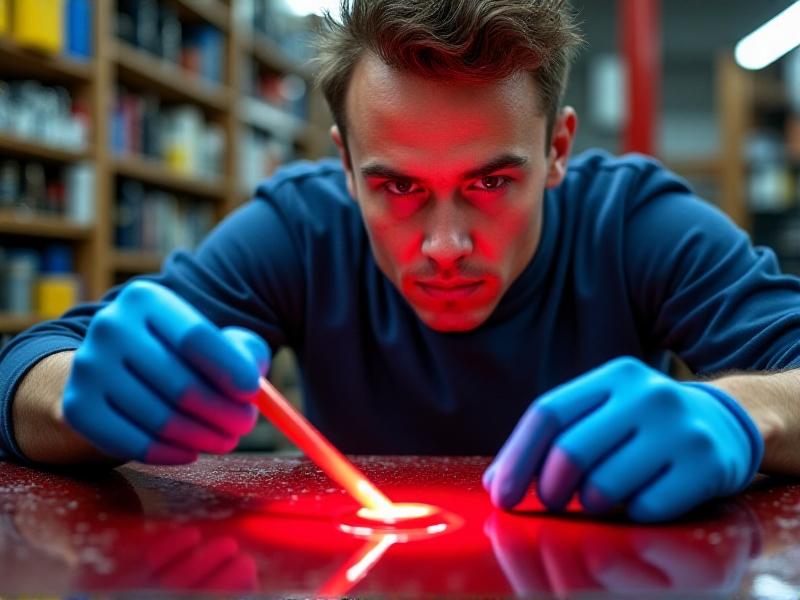 A mechanic in blue gloves inspects a transmission dipstick coated in vibrant red fluid, illuminated by workshop LED lights. The image highlights the fluid’s smooth texture and deep crimson color, with hydraulic tools visible in the background.