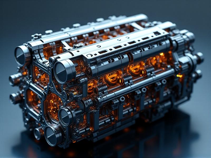 A cross-sectional view of a high-tech car engine with polished metal components, intricate tubing, and digital sensors. The lighting highlights advanced engineering details, with a clean, futuristic aesthetic emphasizing precision and innovation.