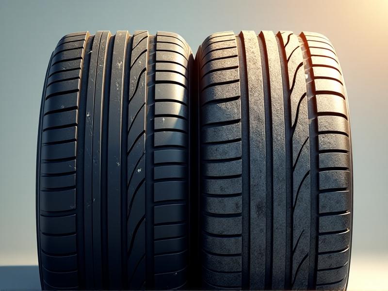 A comparison of two tires: one new with glossy black rubber and another aged, showing faded gray-brown tones and chalky residue, under direct sunlight to highlight oxidation effects.