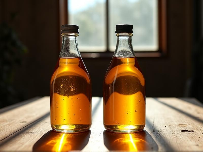 Side-by-side comparison of synthetic and conventional engine oils: two transparent glass bottles on a rustic wooden table. The synthetic oil appears crystal-clear and amber, while the conventional oil is darker and slightly murky. Sunlight streams through a window, casting soft shadows and emphasizing texture differences.